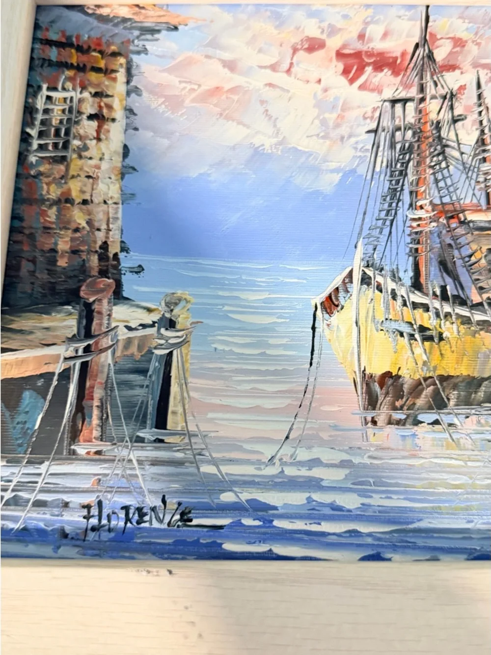 Framed Seascape Oil Paintings Set of 2 Signed Coastal Harbor Art Vintage Style